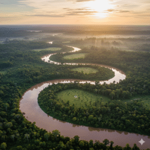 Vista aérea da Amazônia com rios e áreas reflorestadas, palco central do Global Mutirão COP30.