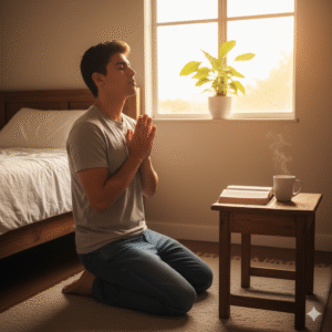 Homem latino ajoelhado em oração matinal, luz do sol entrando pela janela e Bíblia aberta sobre a mesa.