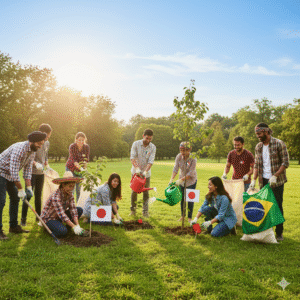Pessoas de várias nacionalidades e etnias trabalhando juntas em um mutirão ecológico, simbolizando a união global pela preservação do meio ambiente.