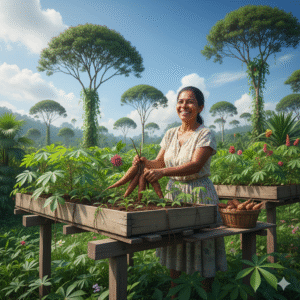 Agricultora amazônica colhendo mandioca em horta suspensa como exemplo de adaptação territorial.