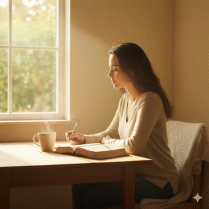 Mulher escrevendo em um caderno com Bíblia ao lado, iluminada por luz suave, simbolizando o despertar espiritual.