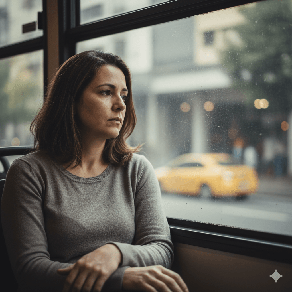 Mulher pensativa olhando pela janela do metrô, representando o viver no automático e a desconexão emocional.