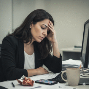 Mulher cansada com a mão na testa, simbolizando sintomas emocionais do piloto automático.
