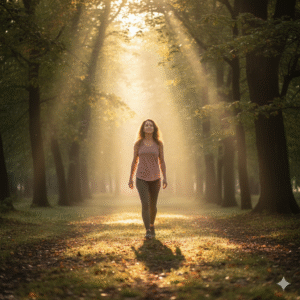 Mulher caminhando ao amanhecer em um parque, simbolizando o despertar espiritual e emocional.