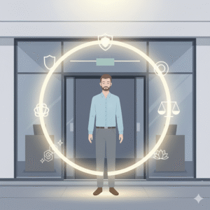 Homem saindo do trabalho. Representando o equilíbrio.