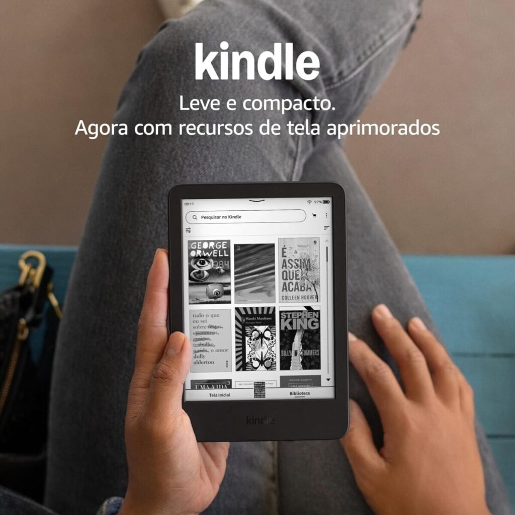 Kindle 16GB leitor digital preto com tela antirreflexo exibindo livro aberto, dispositivo portátil leve para leitura confortável