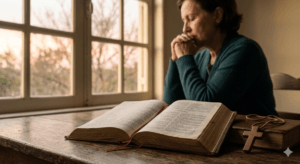 mulher refletindo em meio à rotina da vida sobre sofrimento humano e fé