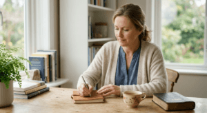 mulher escrevendo em diário representando reflexão, resiliência emocional e fé