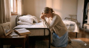 mulher orando ajoelhada em momento de sofrimento buscando força e consolo em Deus