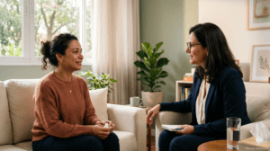 mulher recebendo apoio emocional profissional para ansiedade no mundo atual com acolhimento e esperança