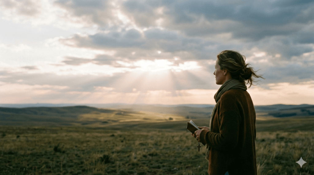 Mulher contemplando o horizonte em momento de sofrimento com fé e esperança em Deus