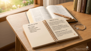 Caderno com anotações espirituais ao lado da Bíblia