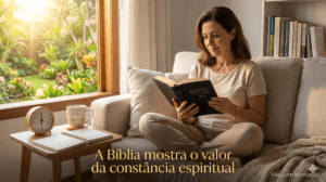 Mulher lendo Bíblia em ambiente tranquilo iniciando rotina espiritual