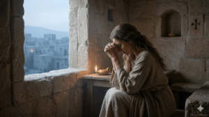 mulher orando em silêncio representando a espera espiritual do sábado da páscoa