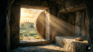 sepulcro vazio iluminado ao amanhecer representando a ressurreição de jesus na semana da páscoa