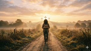 mulher caminhando em direção à cruz ao amanhecer representando a semana da páscoa e renovação espiritual
