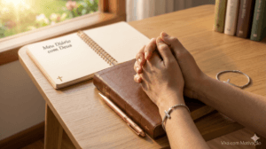 Mãos em oração após leitura bíblica