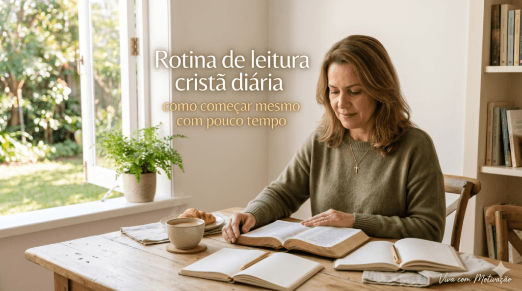 Mulher lendo a Bíblia pela manhã com café e caderno iniciando rotina de leitura cristã diária