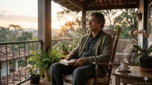 homem em momento de tranquilidade ao amanhecer refletindo em ambiente acolhedor