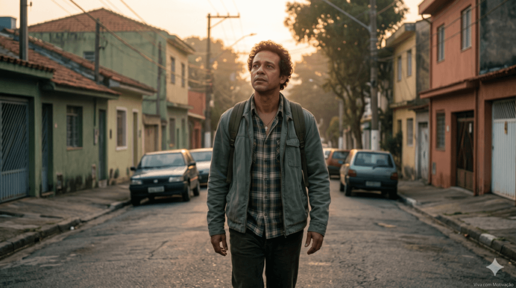 homem emocionalmente cansado caminhando sozinho ao amanhecer buscando descanso em Deus