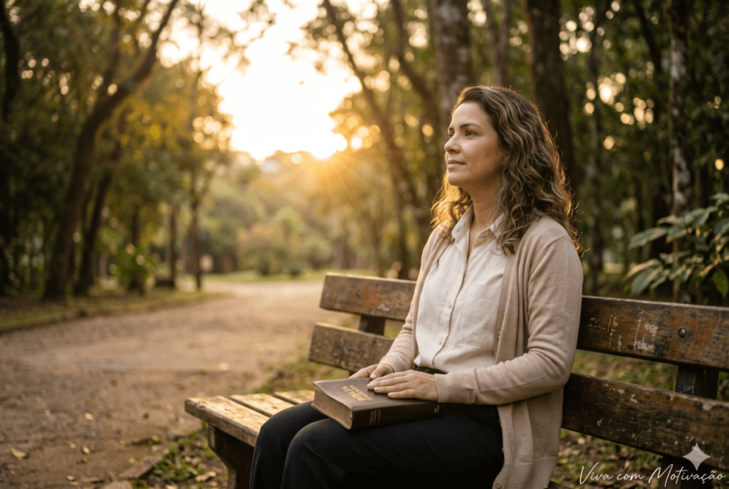Mulher contemplando o nascer do sol enquanto encontra esperança e paz em Deus após superar sentimentos de rejeição.