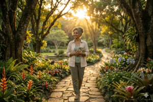 Mulher caminhando com serenidade após um processo de restauração emocional e espiritual.