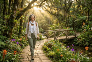 Mulher caminhando por uma trilha iluminada ao amanhecer, simbolizando fortalecimento da identidade e cura da rejeição.