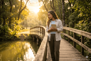 Mulher refletindo sobre sua identidade em uma ponte ao amanhecer, simbolizando a cura da rejeição e um novo começo em Deus.