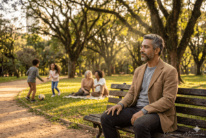 Homem refletindo em um parque sobre pertencimento, amor e cura da rejeição.