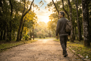 Homem caminhando em direção ao nascer do sol simbolizando a cura da rejeição e um novo começo.