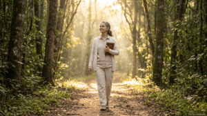 Mulher caminhando por uma trilha ao amanhecer com uma Bíblia nas mãos, simbolizando confiança em Deus para vencer a ansiedade.