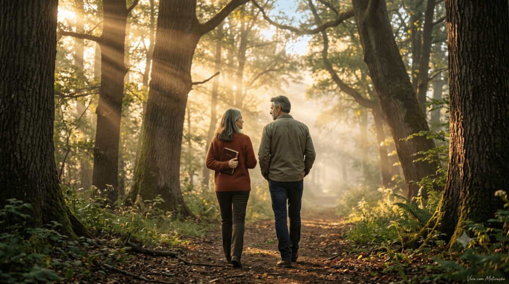 Homem e mulher caminhando por uma trilha ao amanhecer, simbolizando confiança em Deus para vencer a ansiedade.