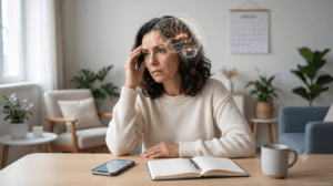 Mulher preocupada com representação sutil da atividade cerebral intensificada diante da incerteza e da falta de controle.
