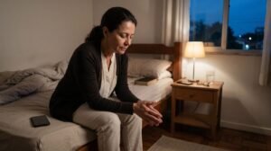 Mulher em oração confiando que Deus continua no controle mesmo sem enxergar o final
